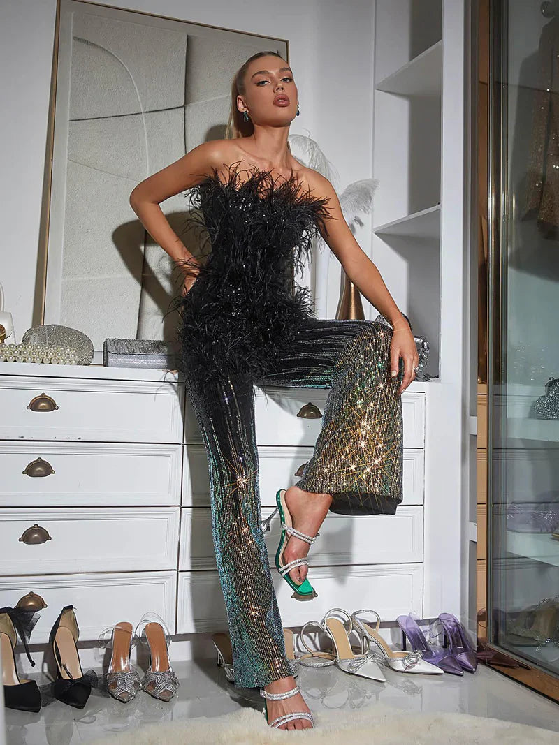 Shiva Ombre Feather Sequin Jumpsuit