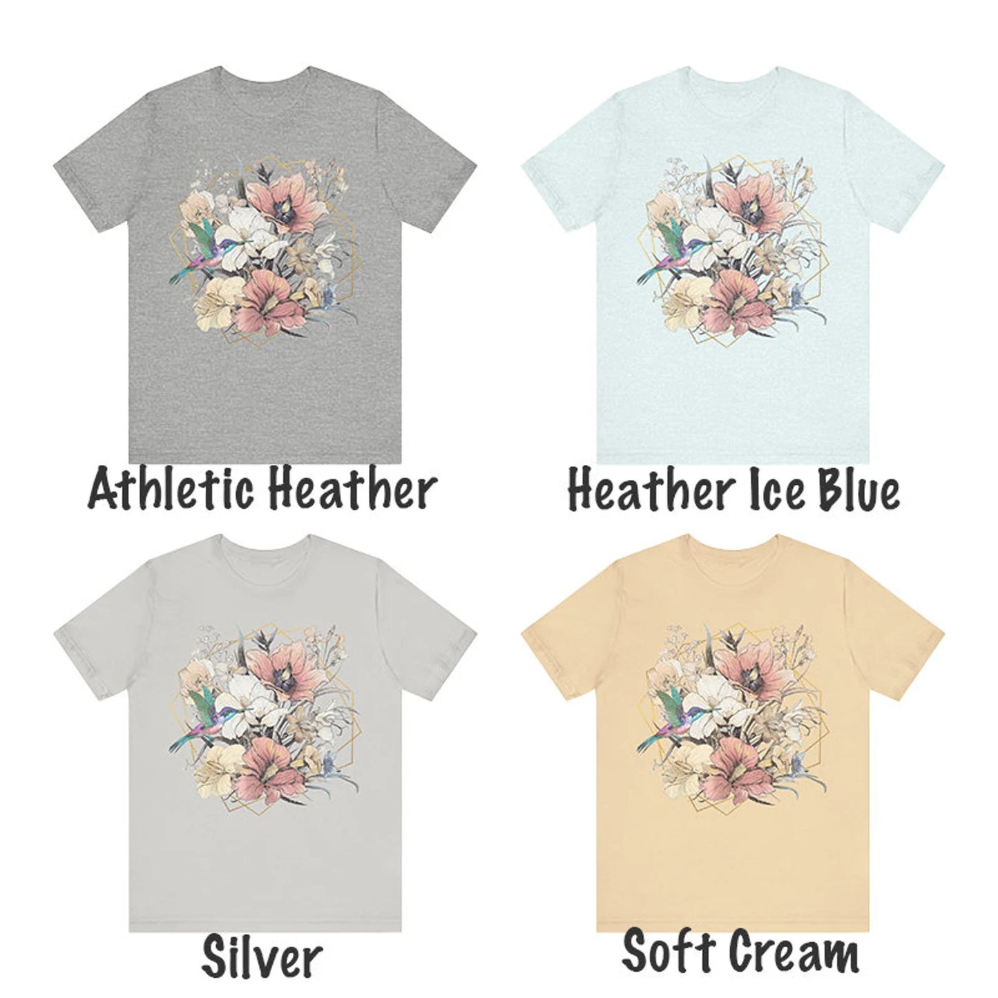Womens floral t shirt, womens floral tee, womens floral shirt, hummingbird tee, boho floral t shirt, boho floral tee, art nouveau floral tee