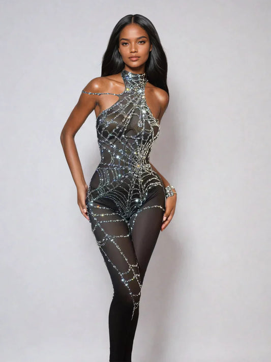 Siesen Cutout Cobweb Rhinestone Mesh Jumpsuit
