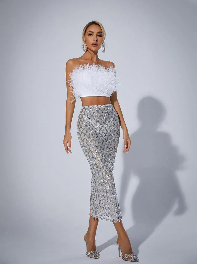 Ansley Strapless Feather Mesh Skirt Set