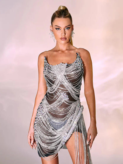 Verona Embellished Diamond Chain Dress In Black