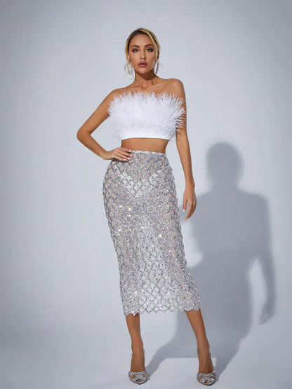 Ansley Strapless Feather Mesh Skirt Set