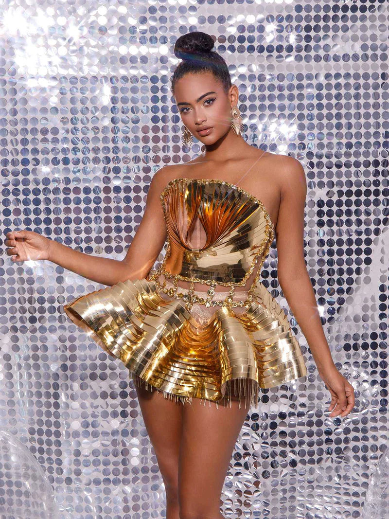 Jahdiel Crystal Fringe Metallic Skirt Set In Gold