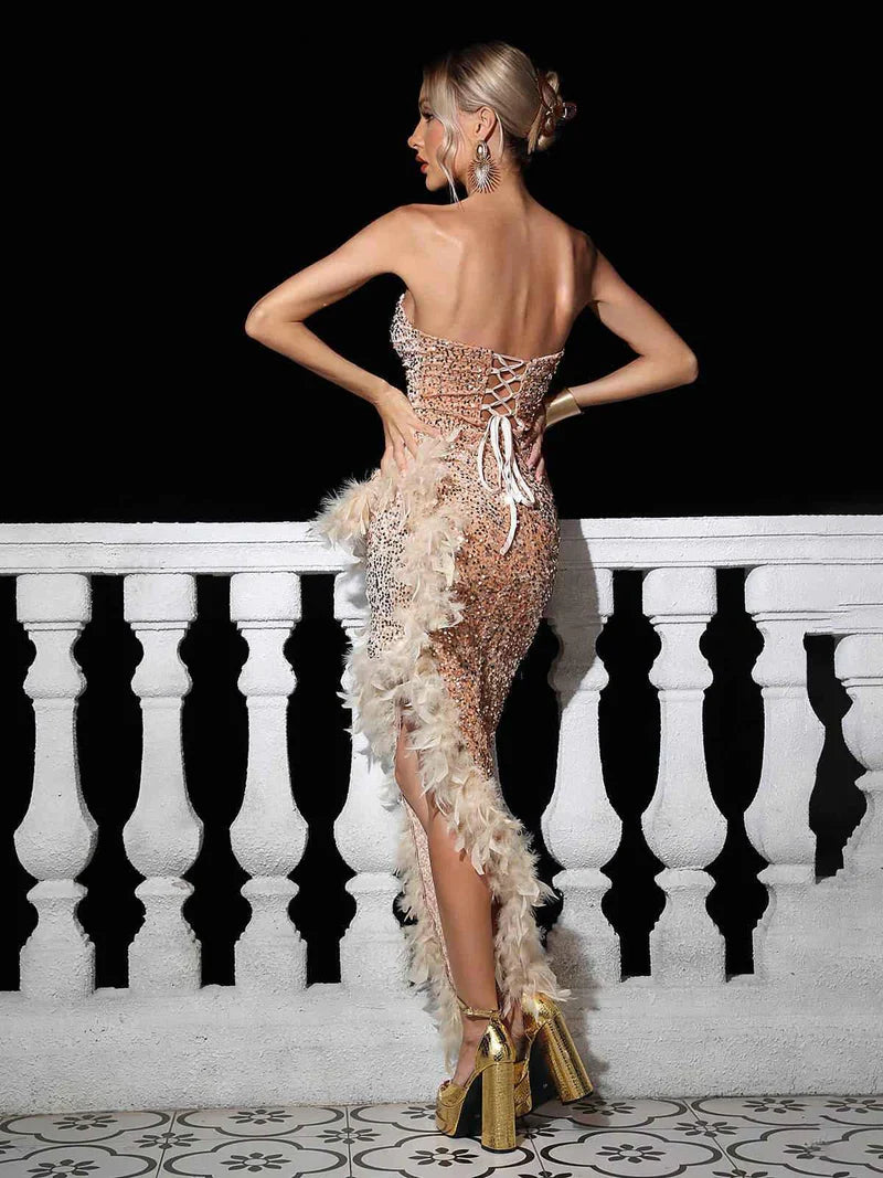 Lois Strapless Sequin Feather Trimmed Maxi Dress