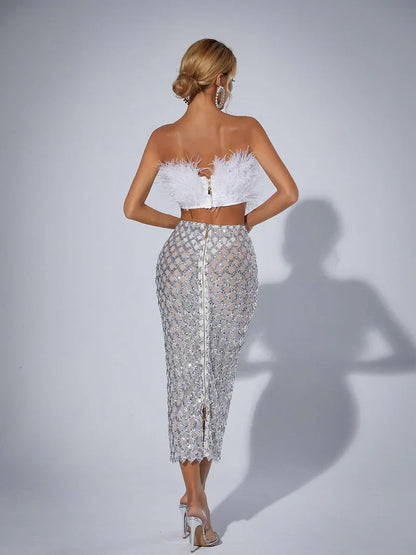 Ansley Strapless Feather Mesh Skirt Set