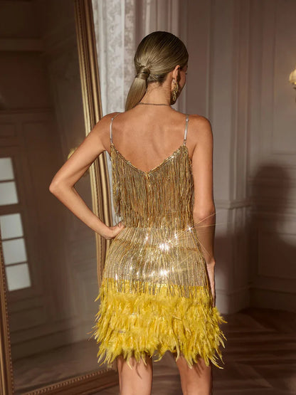 Austyn Tassel Feather Mini Dress In Gold