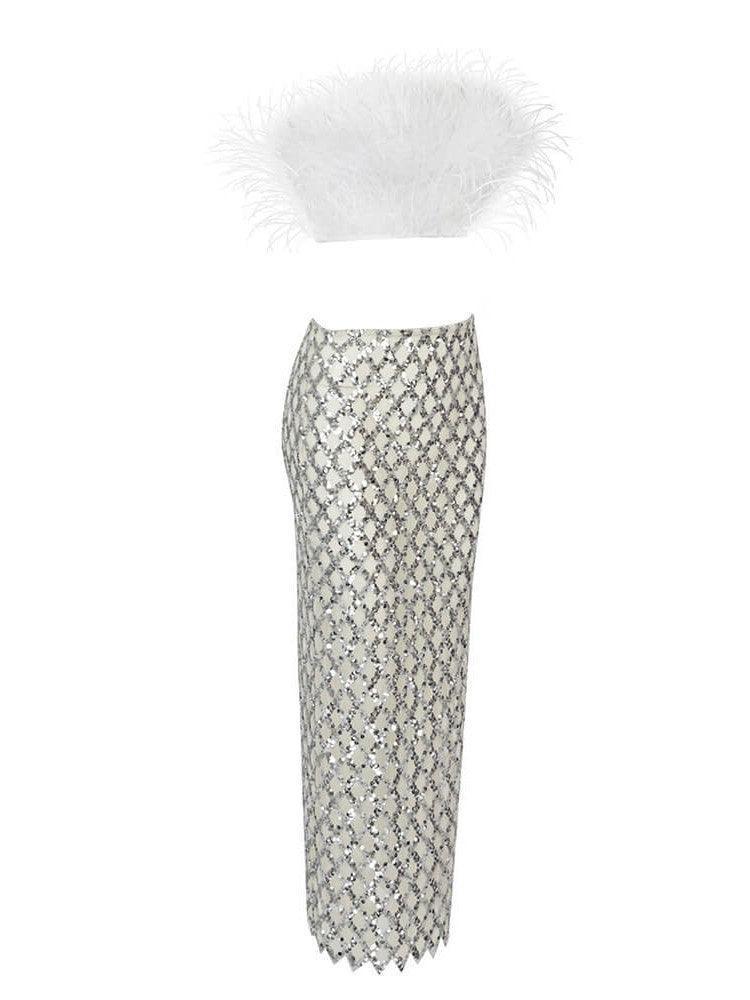 Ansley Strapless Feather Mesh Skirt Set
