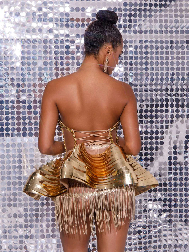 Jahdiel Crystal Fringe Metallic Skirt Set In Gold