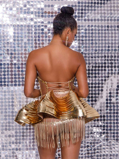 Jahdiel Crystal Fringe Metallic Skirt Set In Gold