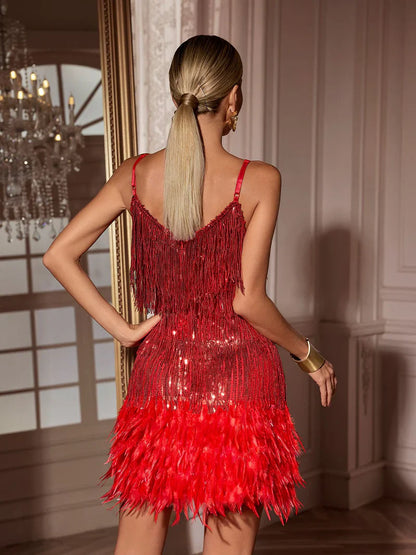 Austyn Tassel Feather Mini Dress In Red