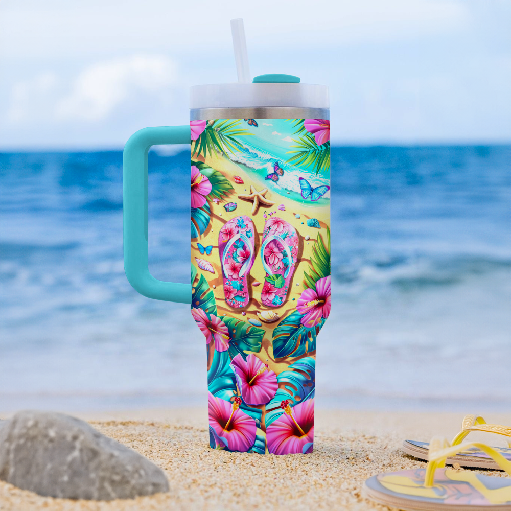 40 Oz  Shineful Tumbler Tropical Pink Flipflop