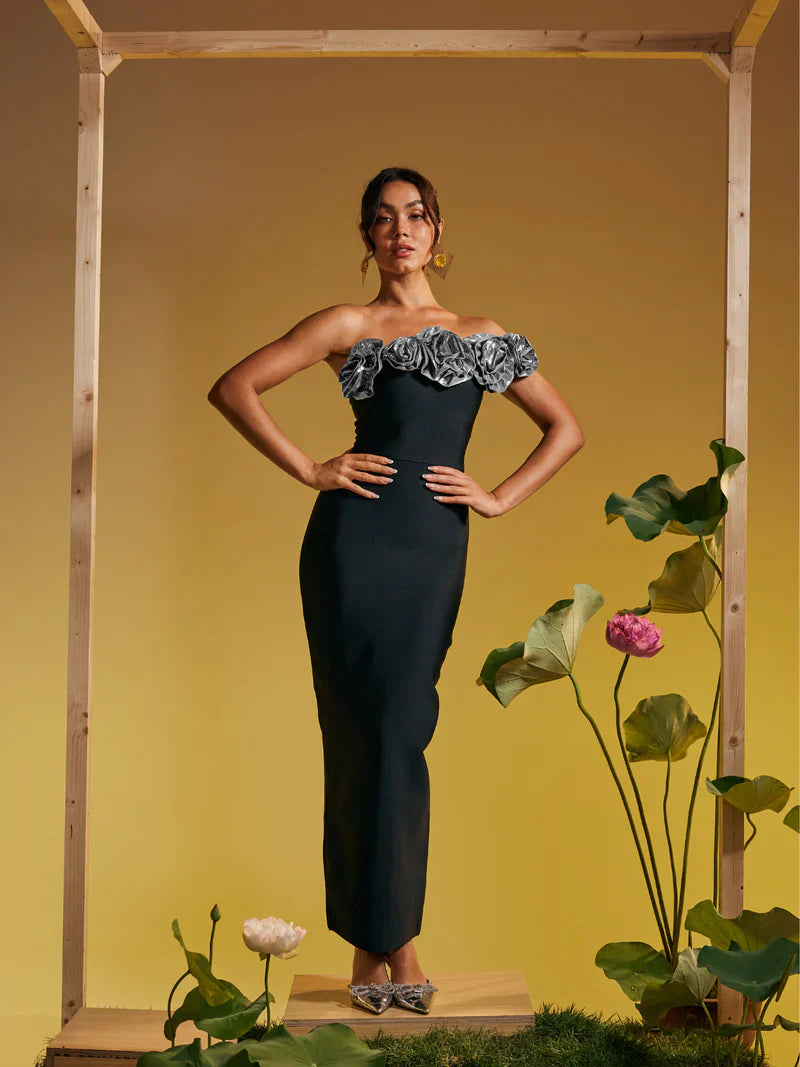 Arnau One Shoulder Flower Bandage Maxi Dress