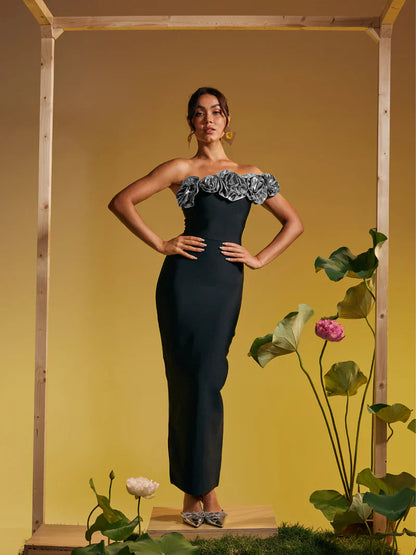 Arnau One Shoulder Flower Bandage Maxi Dress