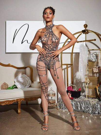 Siesen Cutout Cobweb Rhinestone Mesh Jumpsuit
