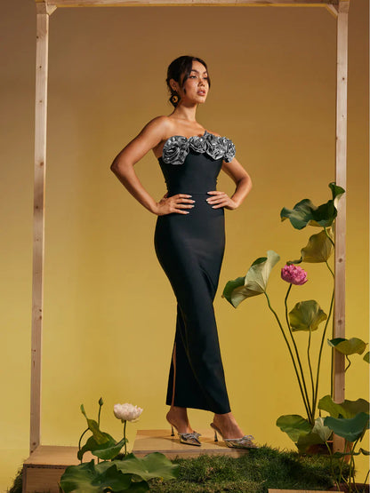 Arnau One Shoulder Flower Bandage Maxi Dress