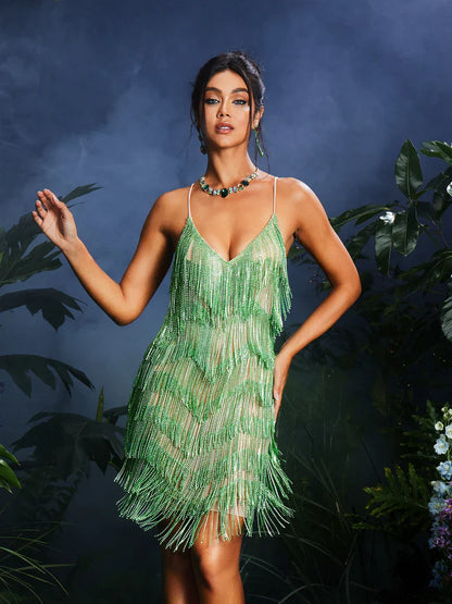 Fiadh Crystal Chain Fringe Mesh Mini Dress