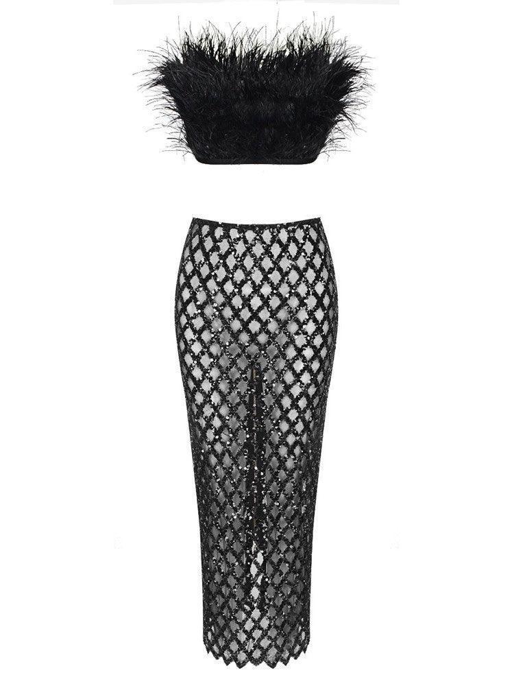 Ansley Strapless Feather Mesh Skirt Set