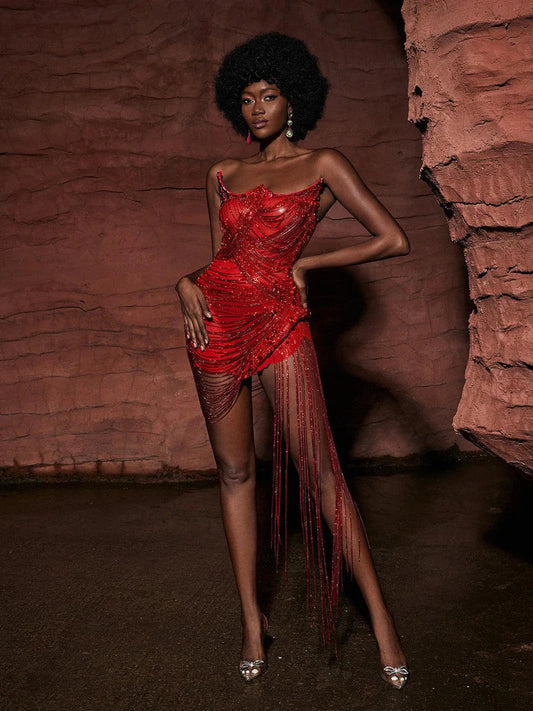 Verona Embellished Diamond Chain Dress In Red