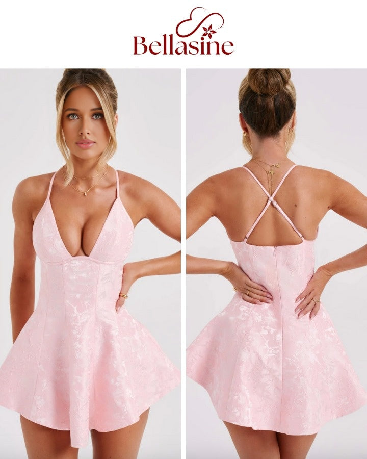 Leila - Backless A-line Sexy Mini Dress fit silhouette and V-neckline Backless Formal Gown