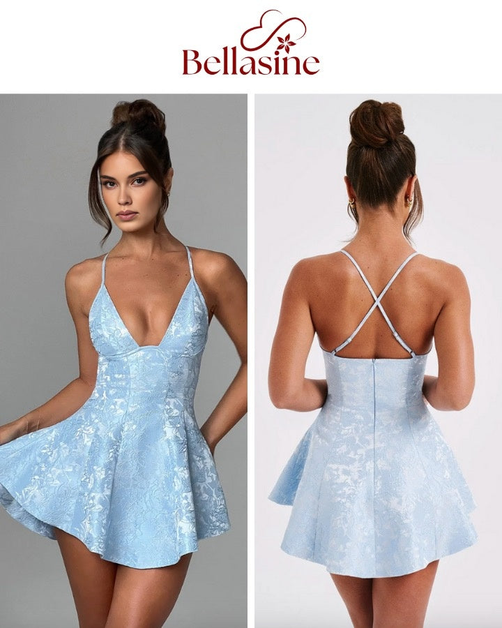 Leila - Backless A-line Sexy Mini Dress fit silhouette and V-neckline Backless Formal Gown