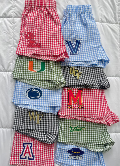 Personalized College Gingham Shorts, Gift for Bed Party