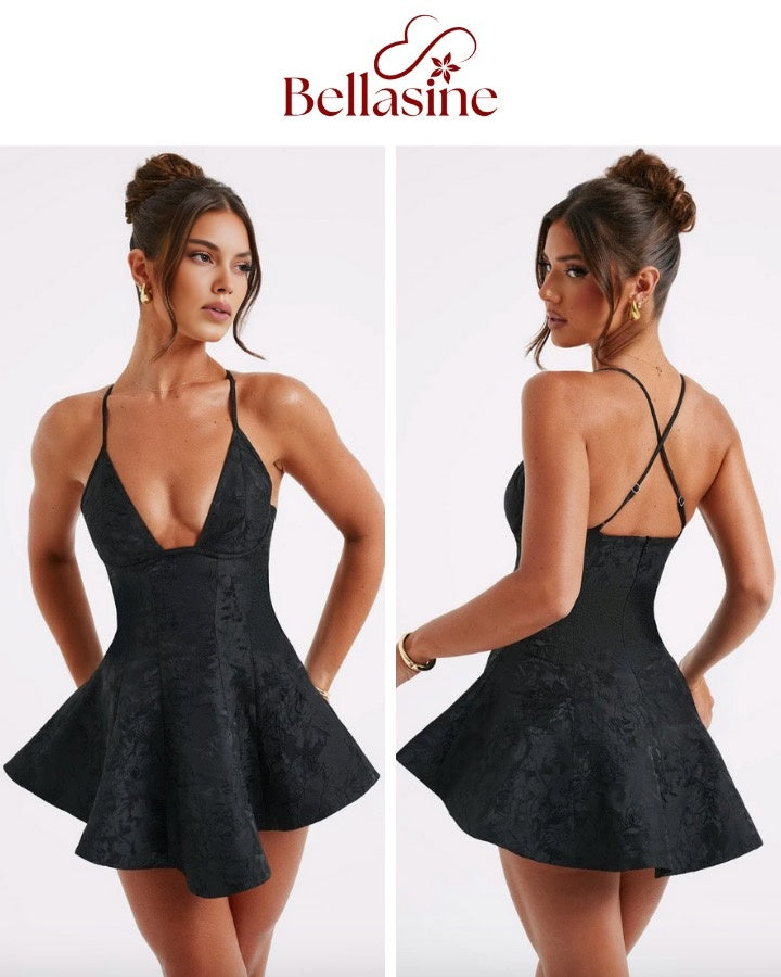 Leila - Backless A-line Sexy Mini Dress fit silhouette and V-neckline Backless Formal Gown