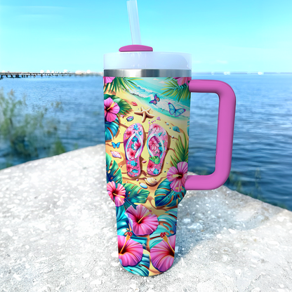 40 Oz  Shineful Tumbler Tropical Pink Flipflop