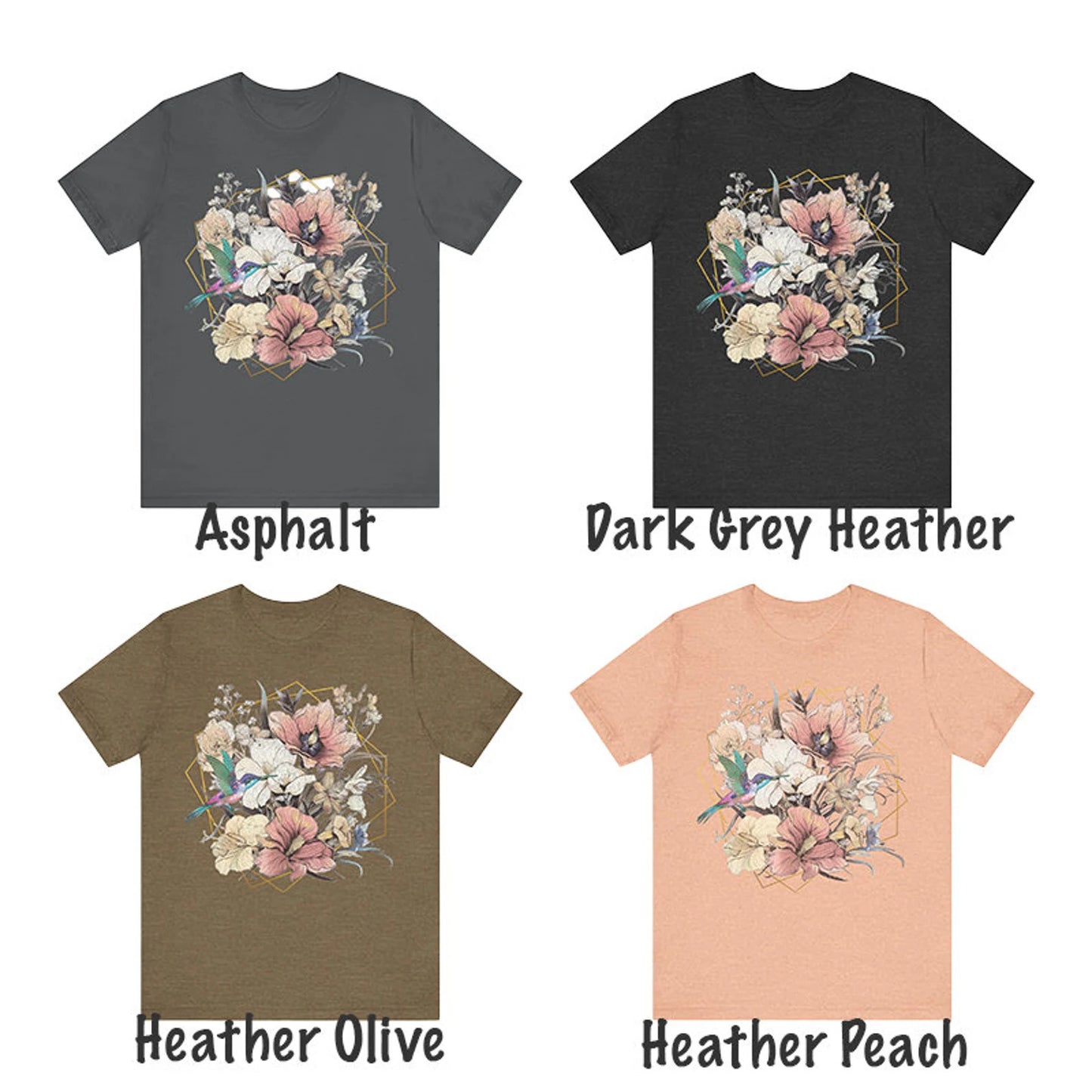 Womens floral t shirt, womens floral tee, womens floral shirt, hummingbird tee, boho floral t shirt, boho floral tee, art nouveau floral tee