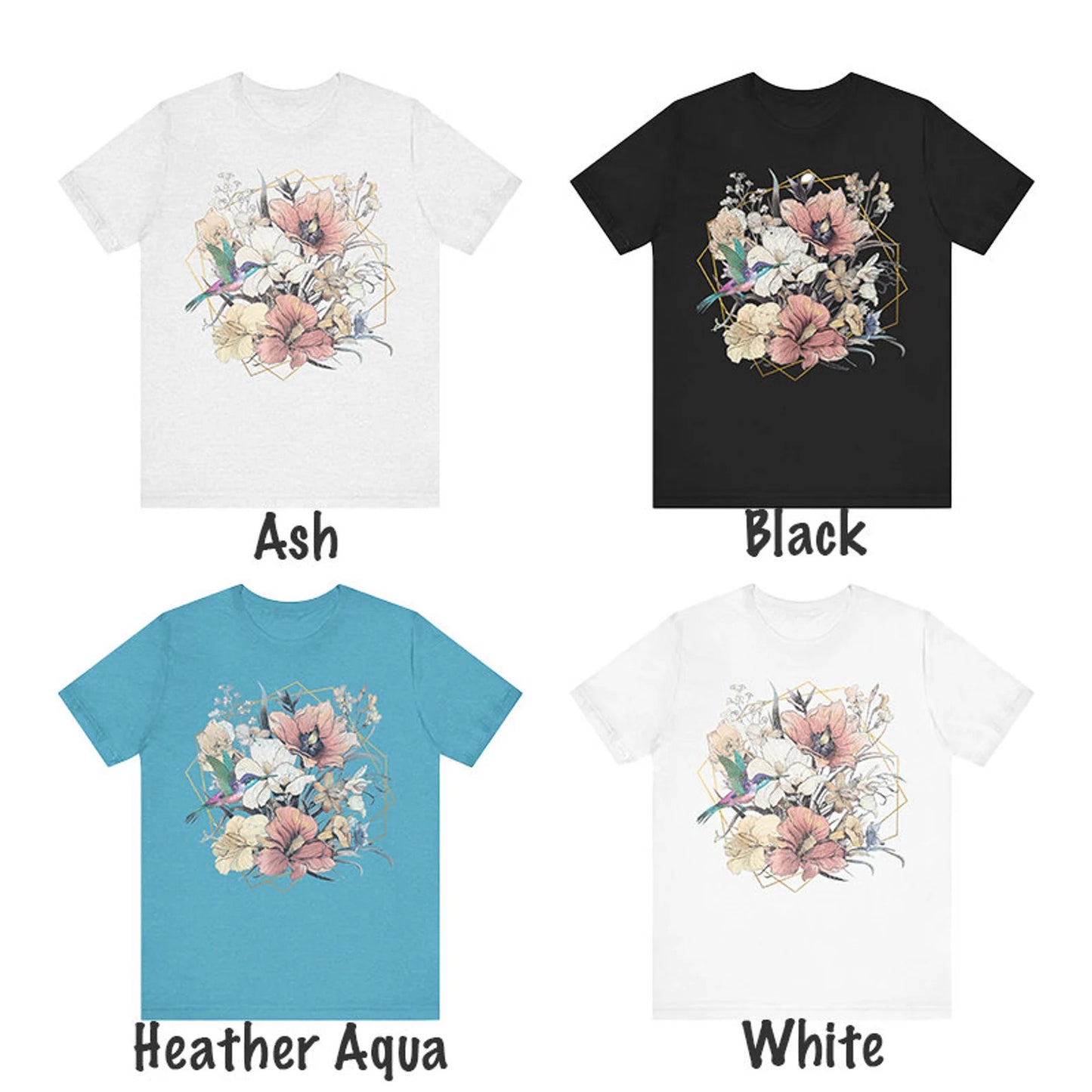 Womens floral t shirt, womens floral tee, womens floral shirt, hummingbird tee, boho floral t shirt, boho floral tee, art nouveau floral tee