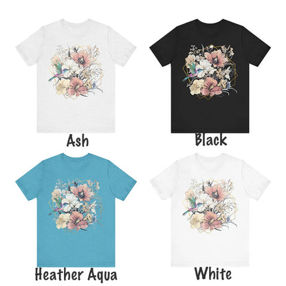 Womens floral t shirt, womens floral tee, womens floral shirt, hummingbird tee, boho floral t shirt, boho floral tee, art nouveau floral tee