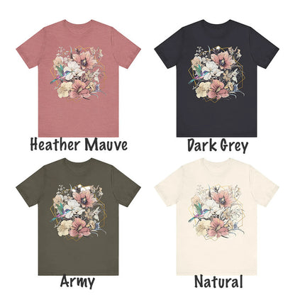 Womens floral t shirt, womens floral tee, womens floral shirt, hummingbird tee, boho floral t shirt, boho floral tee, art nouveau floral tee