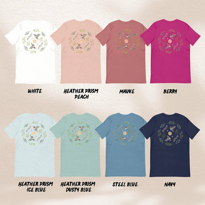 Hummingbird, Leaves, Stars And Full Moon Tshirt | Cottagecore Forest Divination Graphic Tee | Granola Girl Nature Lover Gift For Her
