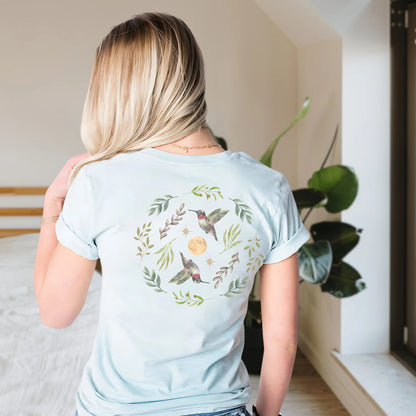 Hummingbird, Leaves, Stars And Full Moon Tshirt | Cottagecore Forest Divination Graphic Tee | Granola Girl Nature Lover Gift For Her