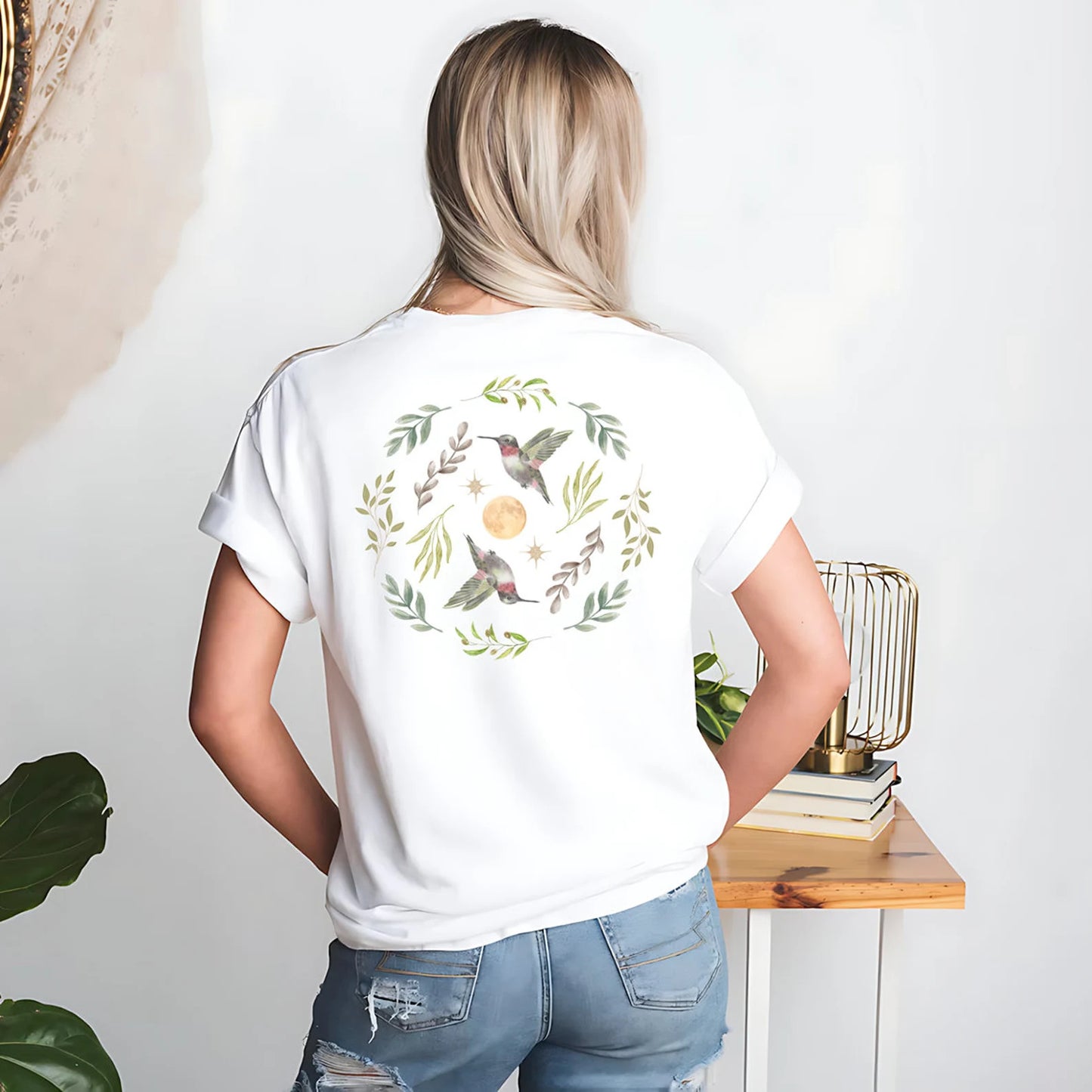 Hummingbird, Leaves, Stars And Full Moon Tshirt | Cottagecore Forest Divination Graphic Tee | Granola Girl Nature Lover Gift For Her