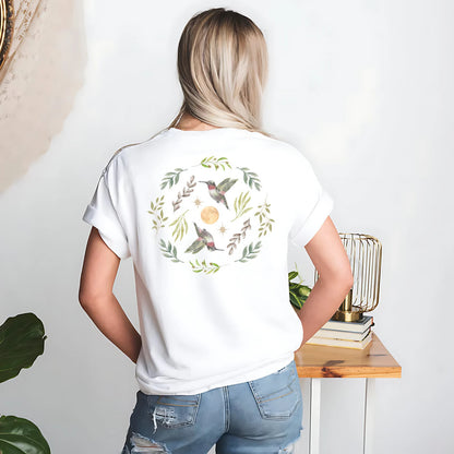 Hummingbird, Leaves, Stars And Full Moon Tshirt | Cottagecore Forest Divination Graphic Tee | Granola Girl Nature Lover Gift For Her