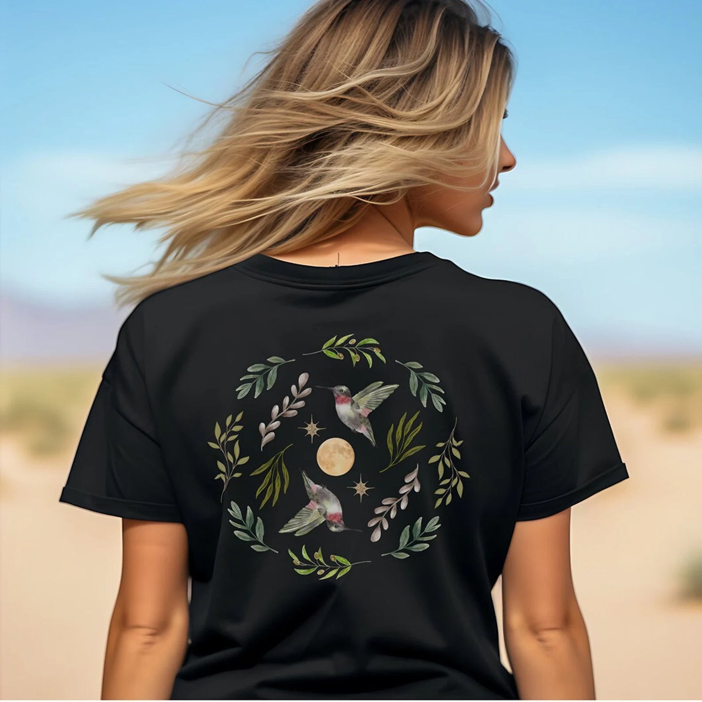 Hummingbird, Leaves, Stars And Full Moon Tshirt | Cottagecore Forest Divination Graphic Tee | Granola Girl Nature Lover Gift For Her