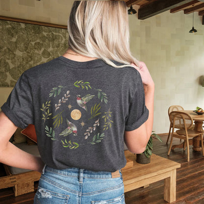 Hummingbird, Leaves, Stars And Full Moon Tshirt | Cottagecore Forest Divination Graphic Tee | Granola Girl Nature Lover Gift For Her